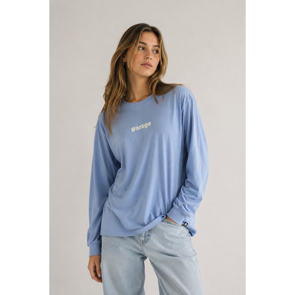Garage Womens S Long Sleeve Crew Neck T-Shirt Top Light Blue Casual